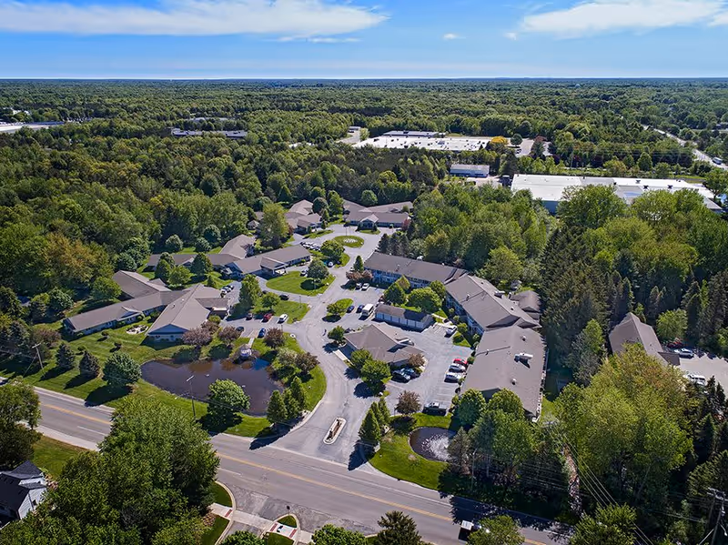Aerial view of American House Spring Lake senior living facility surrounded by dense green trees and vegetation. The facility consists of multiple single-story buildings arranged around curved driveways and parking areas, with small ponds and landscaped greenery visible. A road runs along the front of the property.
