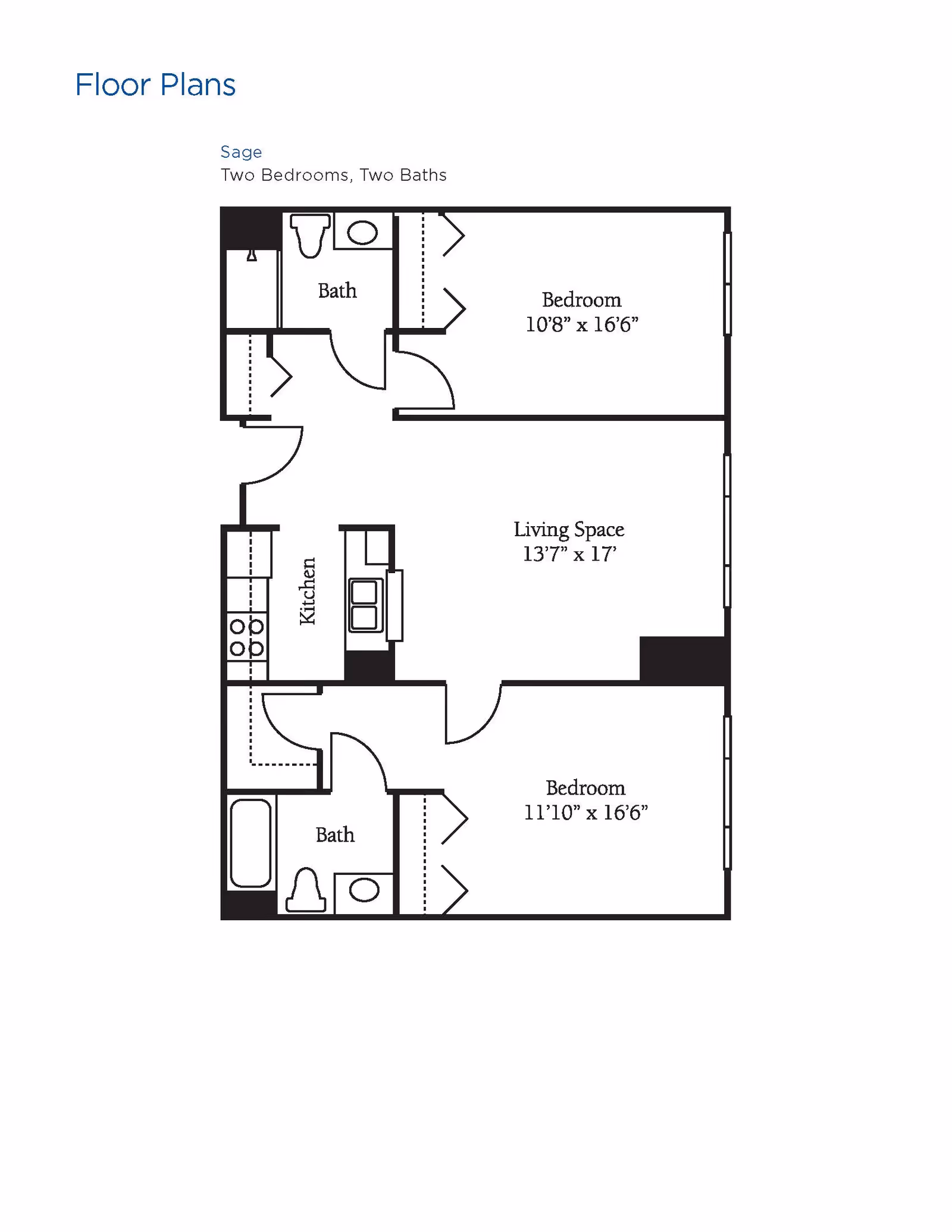 Floor plan labeled Sage showing two bedrooms and two baths. The layout includes a kitchen, living space, and two bathrooms. Bedroom dimensions are 10'8" x 16'6" and 11'10" x 16'6". Living space measures 13'7" x 17'.