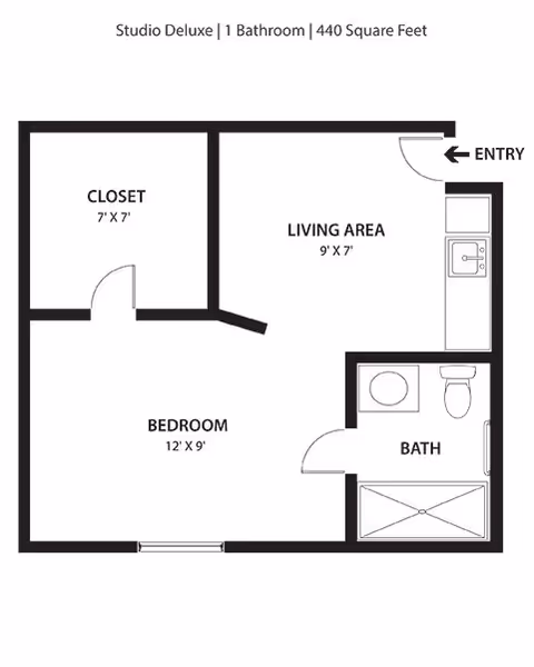 Black-and-white floor plan labeled 'Studio Deluxe | 1 Bathroom | 440 Square Feet' showing a bedroom, closet, living area with kitchenette, bathroom, and entry.