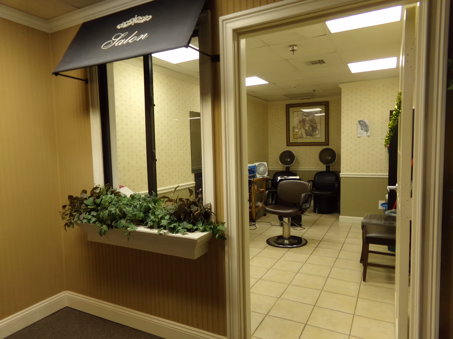 Small indoor salon room with a styling chair, hooded hair dryers, framed artwork, and a planter under a window awning reading 'Salon'.