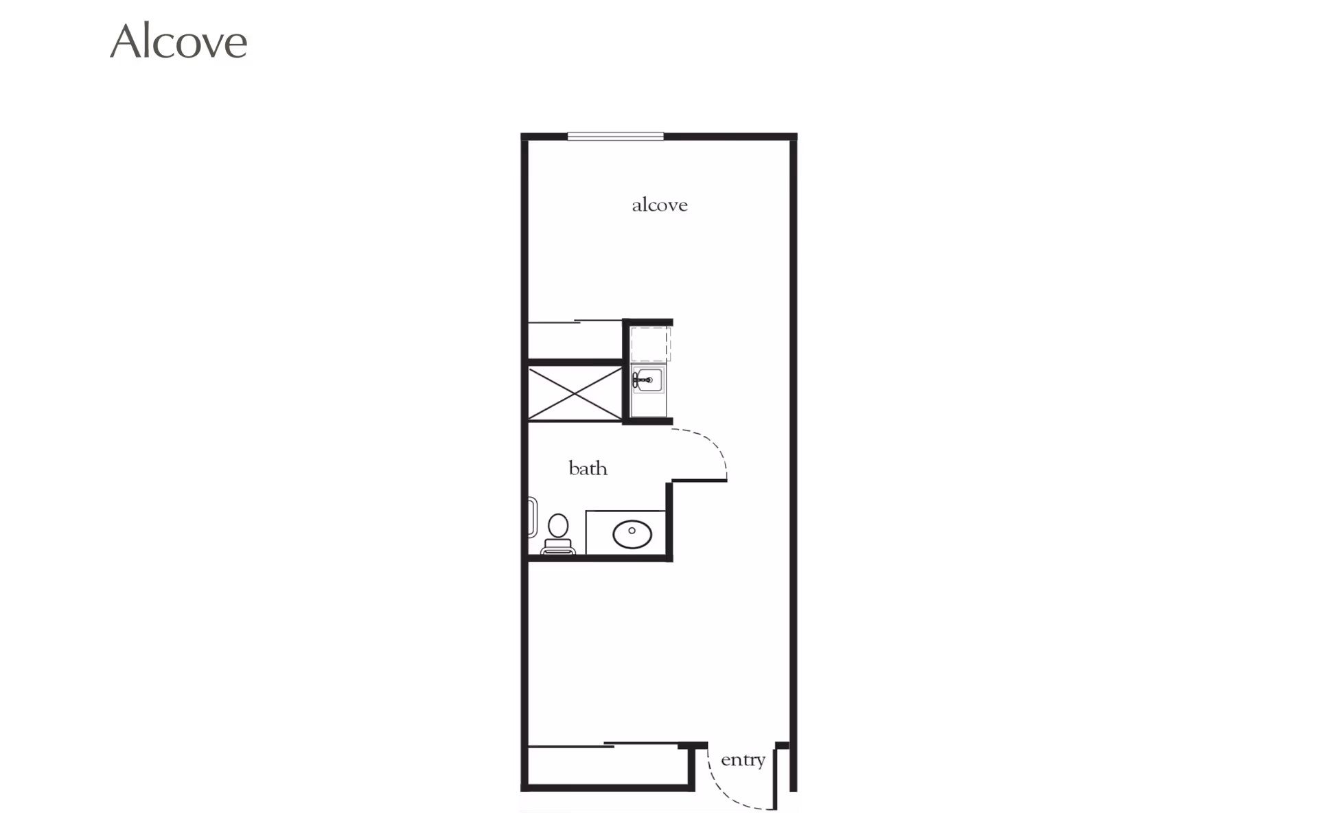 Floor plan labeled Alcove showing an entry area, a bath with toilet and sink, and an alcove space with a kitchenette including a sink.