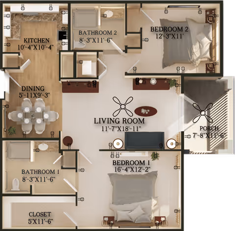 Floor plan of a residential unit at Harmony at Brookberry Farm showing two bedrooms, two bathrooms, a kitchen, dining area, living room, porch, and a closet with dimensions labeled for each room.