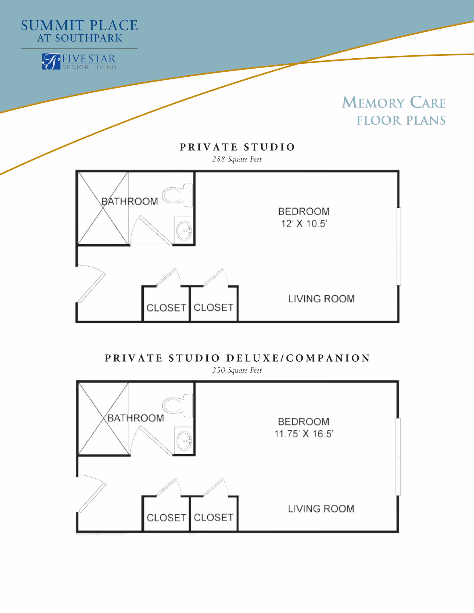 Floor plans for private studio and deluxe companion studio at Summit Place of South Park, showing room dimensions and layout including bedroom, living room, bathroom, and closet areas.
