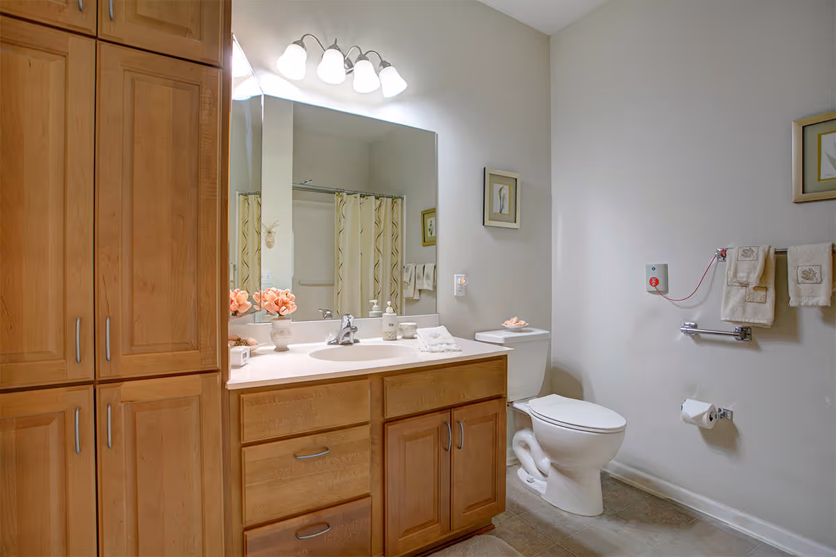 A clean bathroom with wooden cabinets, a large mirror above a sink with a countertop, a toilet, and a shower with a curtain in the background. The walls are light-colored, and there are framed pictures and neatly hung towels on the wall.