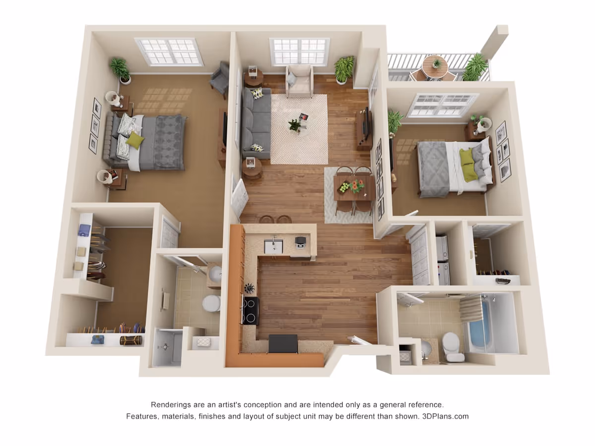 3D floor plan of a two-bedroom apartment featuring a living room with sofa, armchair, and TV, a dining area with table and chairs, a kitchen with appliances and counter seating, two bedrooms each with a bed and nightstands, two bathrooms, a walk-in closet, a laundry area with washer and dryer, and a balcony with outdoor seating.