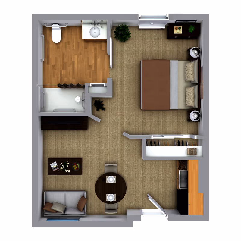 Top-down view of a furnished studio apartment floor plan featuring a bedroom area with a bed and nightstands, a bathroom with a toilet, sink, and shower, a living area with a sofa and coffee table, a dining area with a round table and two chairs, and a small kitchen with cabinets and appliances.