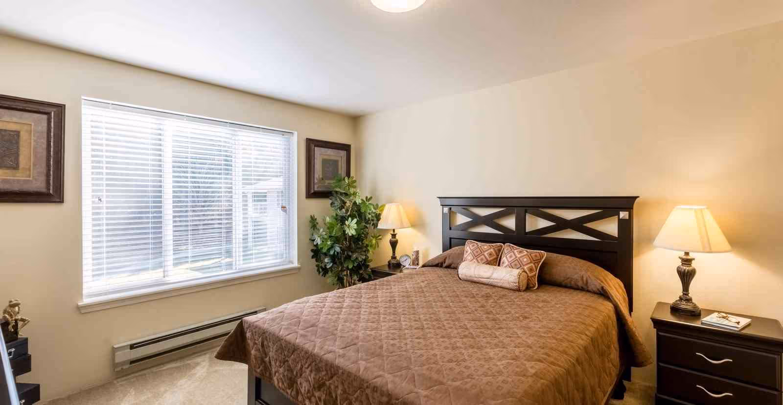 Sunny bedroom with a brown-quilted bed, two nightstands with lamps, a window with blinds and a potted plant.