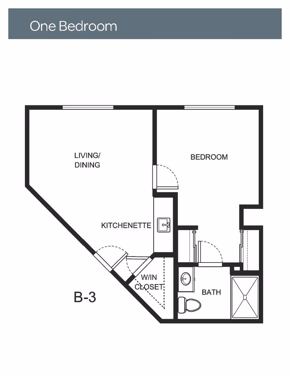 Floor plan layout of a one-bedroom unit labeled B-3, showing a living/dining area, kitchenette, walk-in closet, bedroom, and bathroom with a shower, toilet, and sink.
