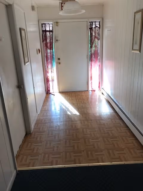 Narrow interior hallway with parquet-patterned flooring leading to a white front door flanked by narrow windows with sheer red curtains.