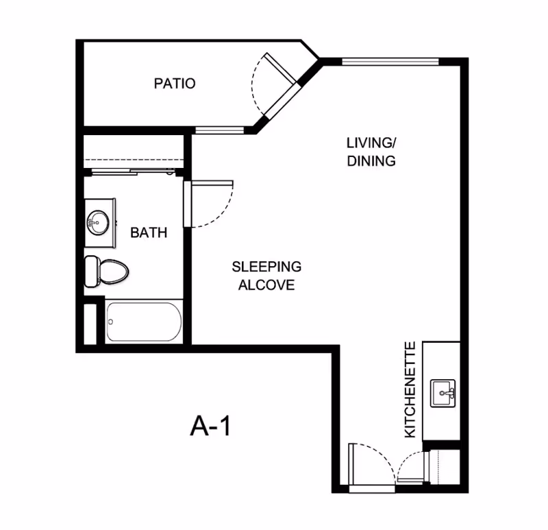 Architectural floor plan of a studio apartment labeled A-1, showing a patio, bath with sink, toilet, and bathtub, a sleeping alcove, living/dining area, and a kitchenette with a sink.