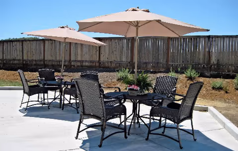Outdoor patio area with two black metal tables, each surrounded by four black metal chairs. Each table has a large beige umbrella providing shade. The patio is paved with concrete and bordered by a wooden fence with some landscaping and plants along the fence line.