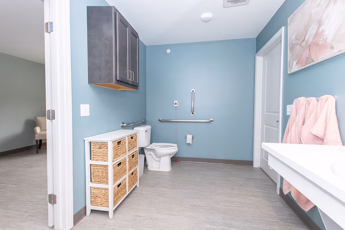 Accessible bathroom with a toilet, grab bars, wicker storage drawers, wall cabinet, and sink with pink towels.