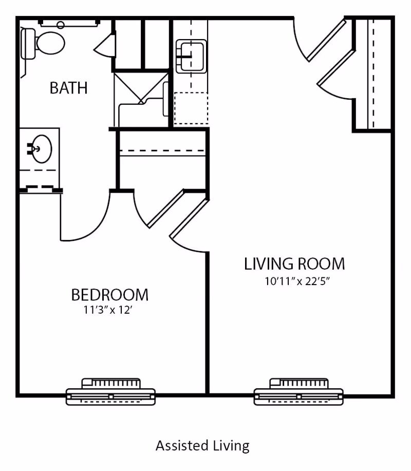 Floor plan of an assisted living unit at Summit Point showing a bedroom measuring 11 feet 3 inches by 12 feet, a living room measuring 10 feet 11 inches by 22 feet 5 inches, a bathroom, and a small kitchen area.