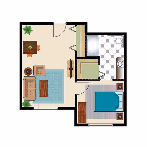 Top-down color floor plan of a one-bedroom apartment with a living room and dining area, separate bedroom, and a bathroom.