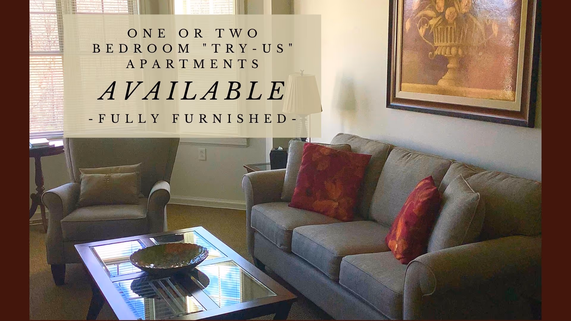 Furnished living room with a sofa, armchair, coffee table and framed wall art, overlaid with an 'Available' apartment advertisement.