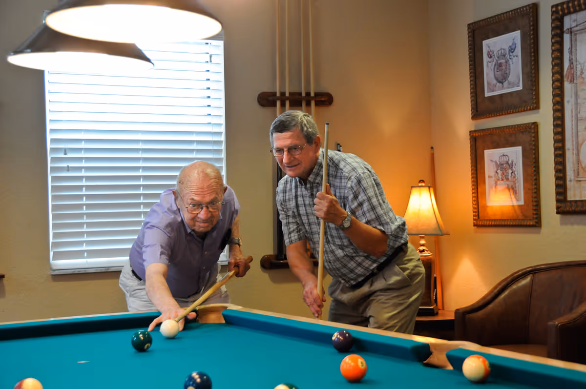 Two elderly men playing pool in a well-lit room with a window covered by blinds, a lamp on a side table, framed artwork on the wall, and a leather chair in the background.