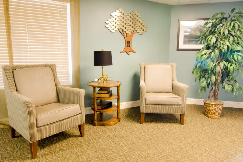 A cozy sitting area with two beige cushioned armchairs with striped fabric, a round wooden side table with a black lamp and books, a decorative tree wall art, a framed picture on the wall, and a large potted plant in a woven basket on a carpeted floor.