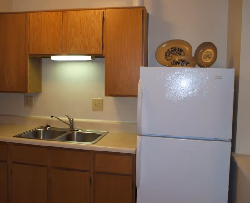 A kitchen area with wooden cabinets above and below a beige countertop. There is a double stainless steel sink with a faucet, an under-cabinet light illuminating the sink area, and a white refrigerator with decorative plates on top.