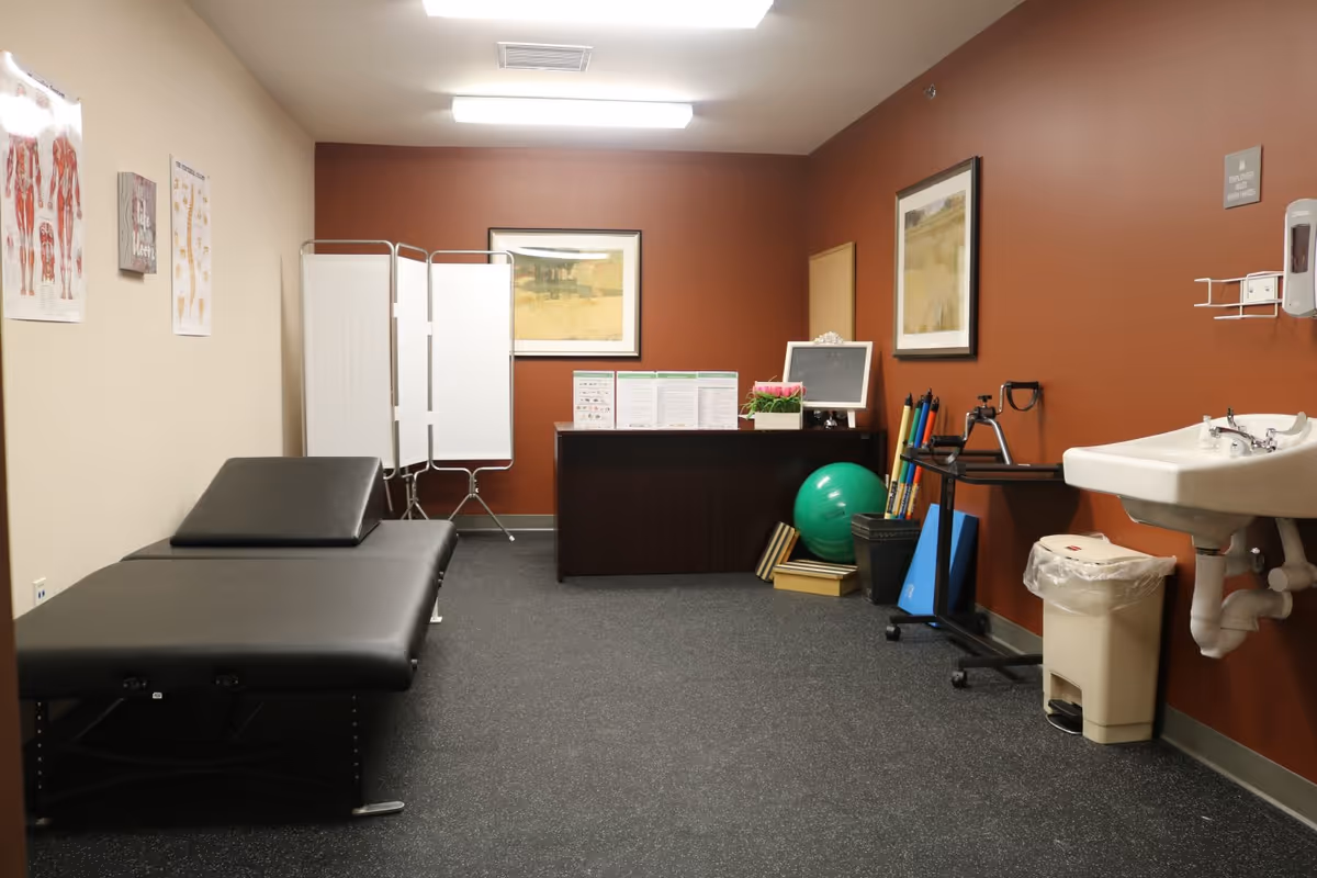A therapy or medical examination room with a black examination table on the left, anatomical charts on the wall, a white folding screen, a dark wooden desk with informational pamphlets and a small chalkboard, exercise equipment including a green exercise ball and colorful rods, a wall-mounted sink with a soap dispenser, and a trash can. The walls are painted beige and reddish-brown.
