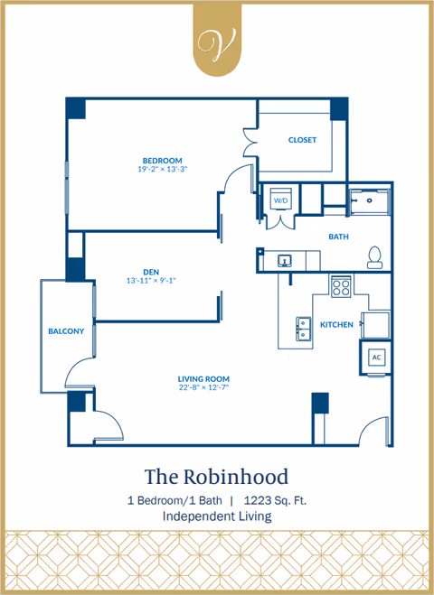 Floor plan of The Robinhood apartment at The Village of Southampton showing 1 bedroom, 1 bathroom, den, kitchen, living room, closet, balcony, and washer/dryer area. The total area is 1223 square feet for independent living.