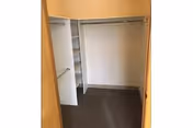 Empty walk-in closet with white shelves and hanging rods, beige walls, and a brown carpeted floor.
