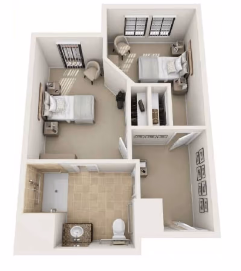 3D floor plan of a small apartment unit with two bedrooms, a bathroom with a shower, toilet, and sink, and a hallway with closet space. Each bedroom contains a bed, nightstands, and a chair. The bathroom has tiled flooring and the bedrooms have carpeted floors.