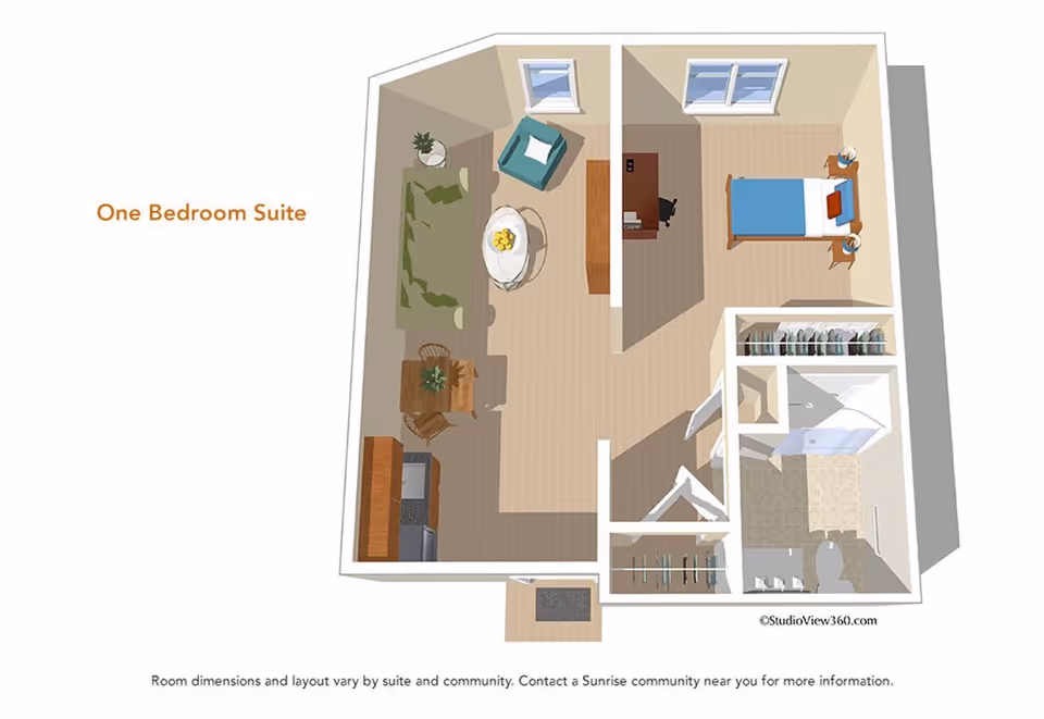 3D floor plan of a one bedroom suite showing a living area with sofa, armchair, coffee table, dining table with chairs, and kitchen area. The bedroom has a bed, nightstands, and a desk. There is a bathroom with a shower, toilet, and sink, and two closets near the entrance.
