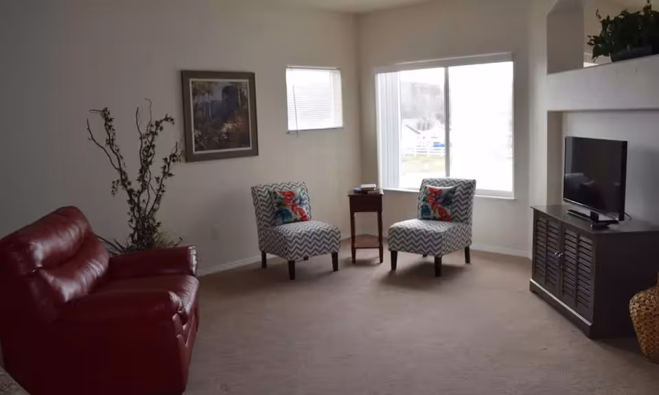 A living room with a red leather sofa on the left, two patterned chairs with colorful cushions near a window, a small wooden side table between the chairs, a flat-screen TV on a dark wooden cabinet, a framed picture on the wall, and a tall plant in the corner.