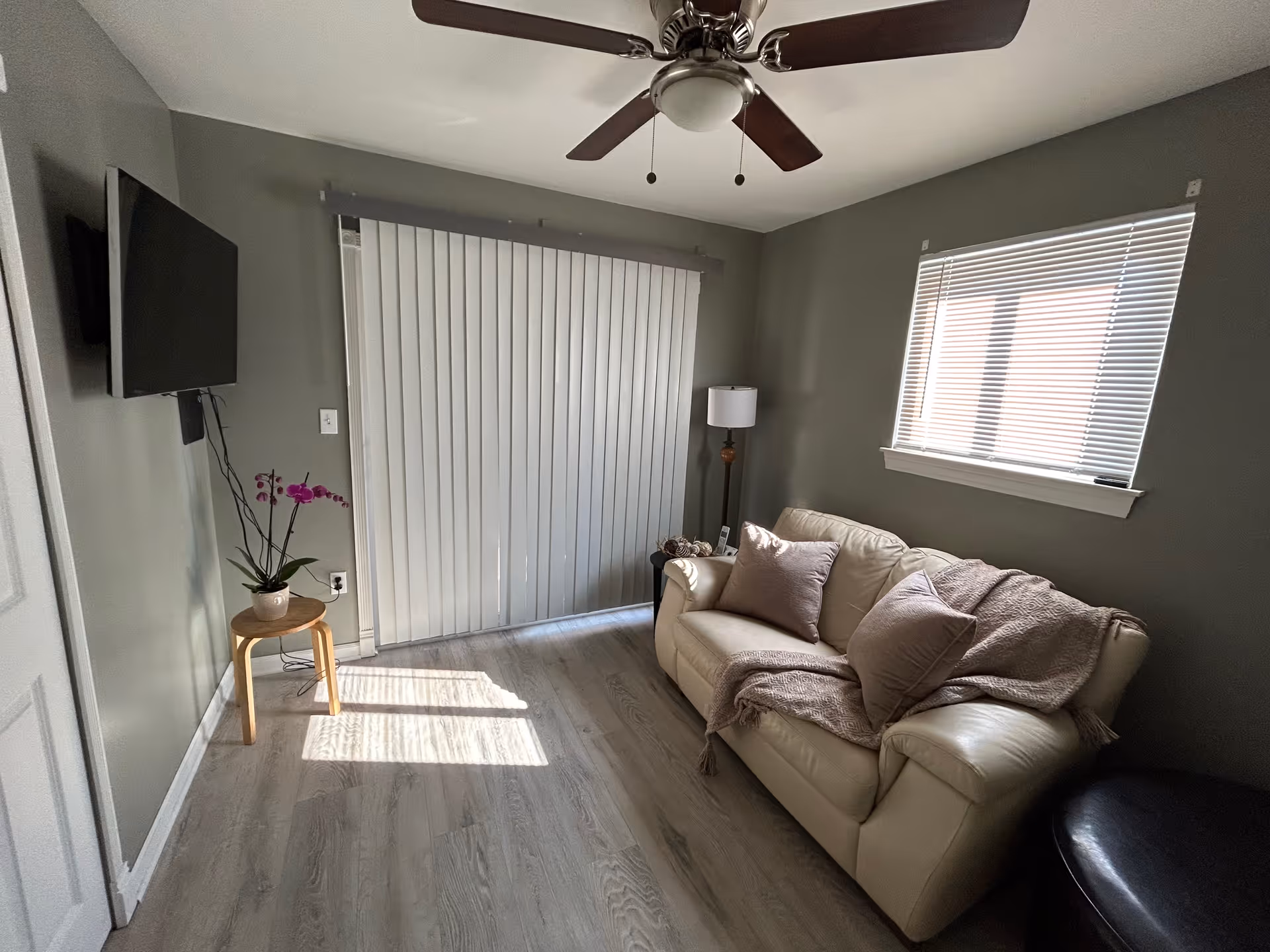 A cozy living area with a sofa, a wall-mounted TV, and natural light from the window.