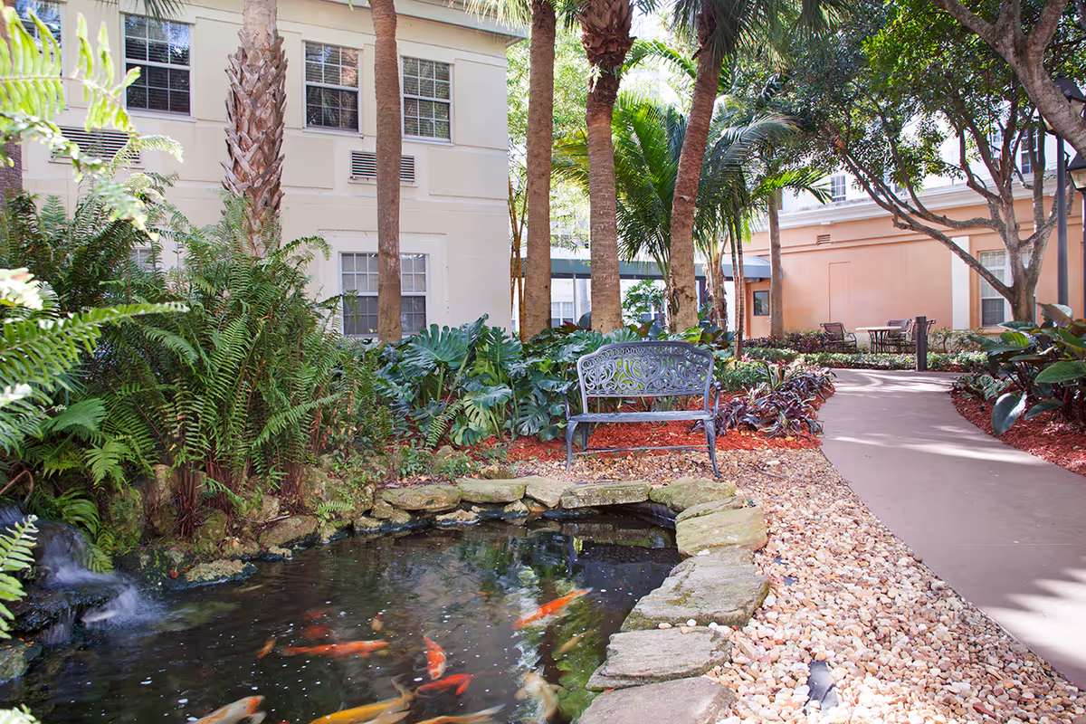 Courtyard garden with a koi pond, decorative bench, palm trees and adjacent building facades.