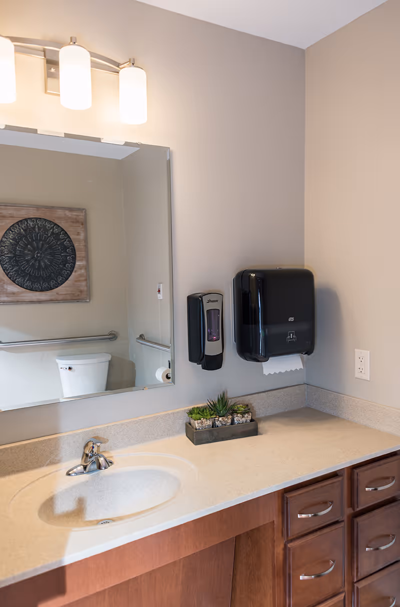 A clean bathroom countertop with a sink, faucet, and a rectangular mirror above it. On the wall next to the mirror, there is a soap dispenser and a black paper towel dispenser with a paper towel hanging out. Below the countertop are wooden cabinets with silver handles. In the mirror's reflection, a toilet with a grab bar and a decorative wall hanging are visible.