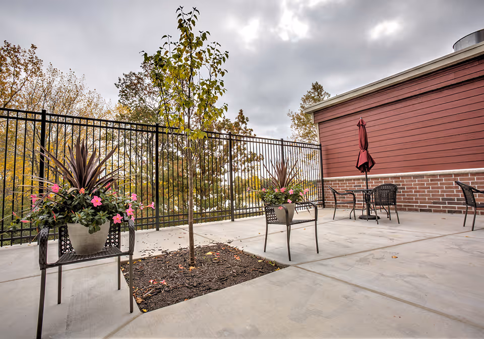 Outdoor patio with potted flowers, metal chairs and tables, a young tree and a black metal fence beside a red building.