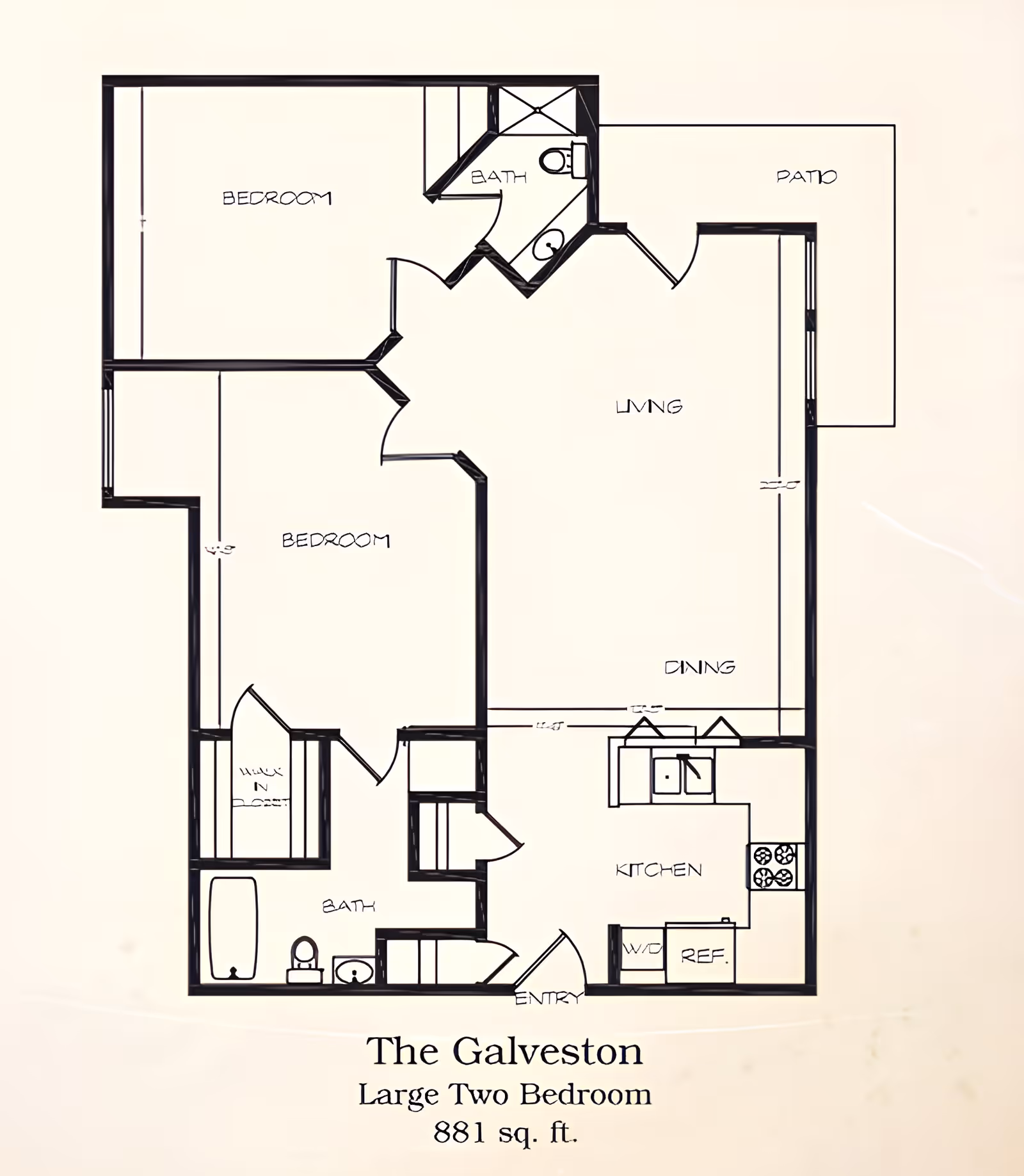 Floor plan of The Galveston, a large two-bedroom apartment with 881 square feet. The layout includes two bedrooms, two bathrooms, a living room, dining area, kitchen with refrigerator and washer/dryer, a walk-in closet, entryway, and a patio.