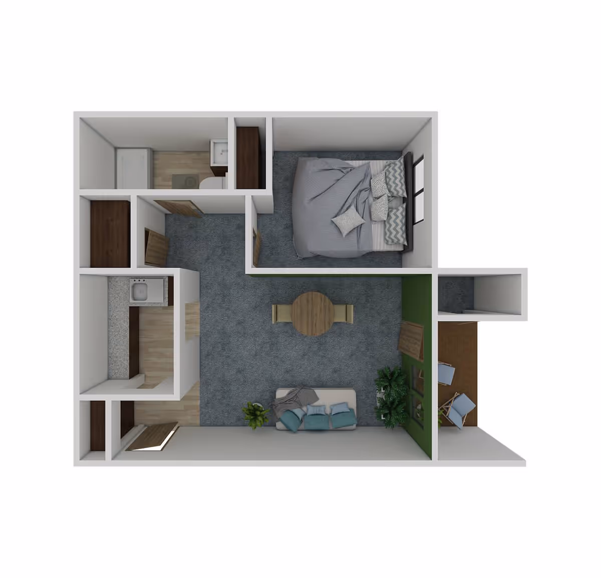 Top-down view of a one-bedroom apartment floor plan featuring a bedroom with a bed and pillows, a living area with a sofa, a round dining table with two chairs, a kitchen with a sink and countertop, a bathroom with a shower, and a small outdoor patio with two chairs and a table.