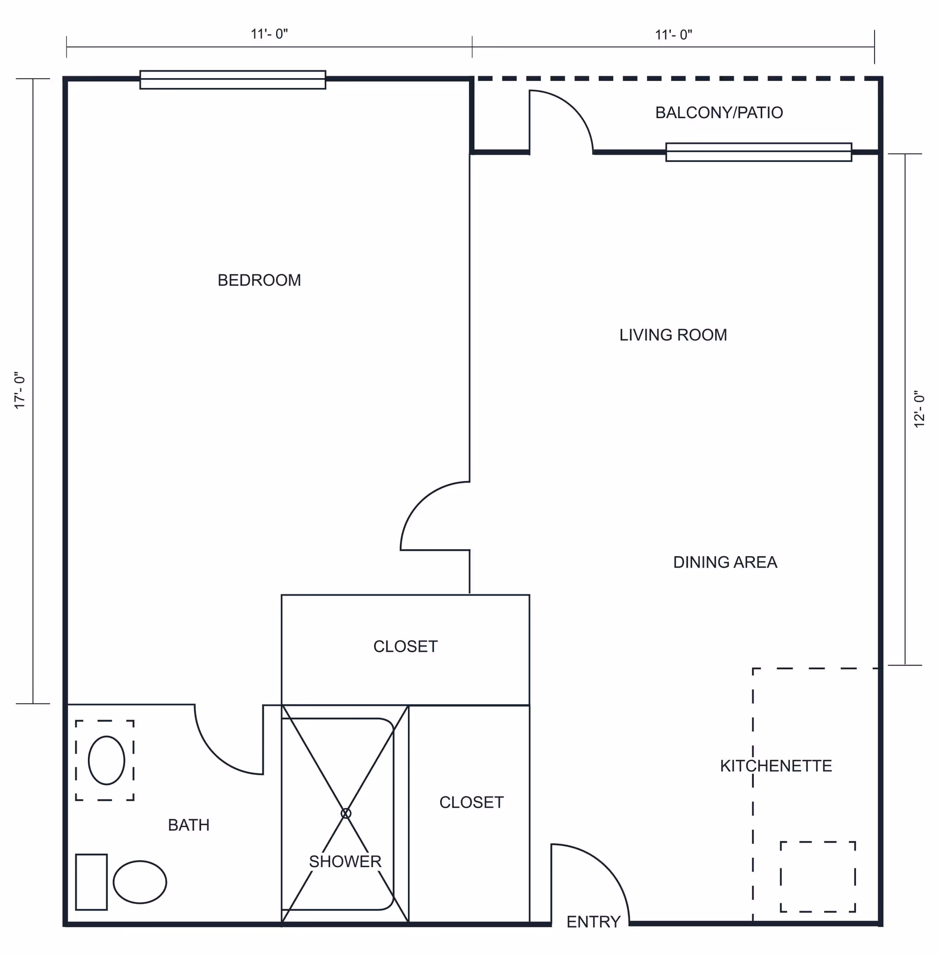 Floor plan of an assisted living apartment at Solana at The Park Assisted Living Community showing a bedroom, bathroom with bath and shower, two closets, living room with dining area, kitchenette, entry, and a balcony/patio.