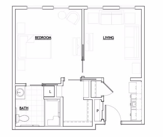 Architectural floor plan of a one-bedroom apartment at Cogir of Potomac, showing labeled areas for bedroom, living room, bathroom, kitchen, and closets.