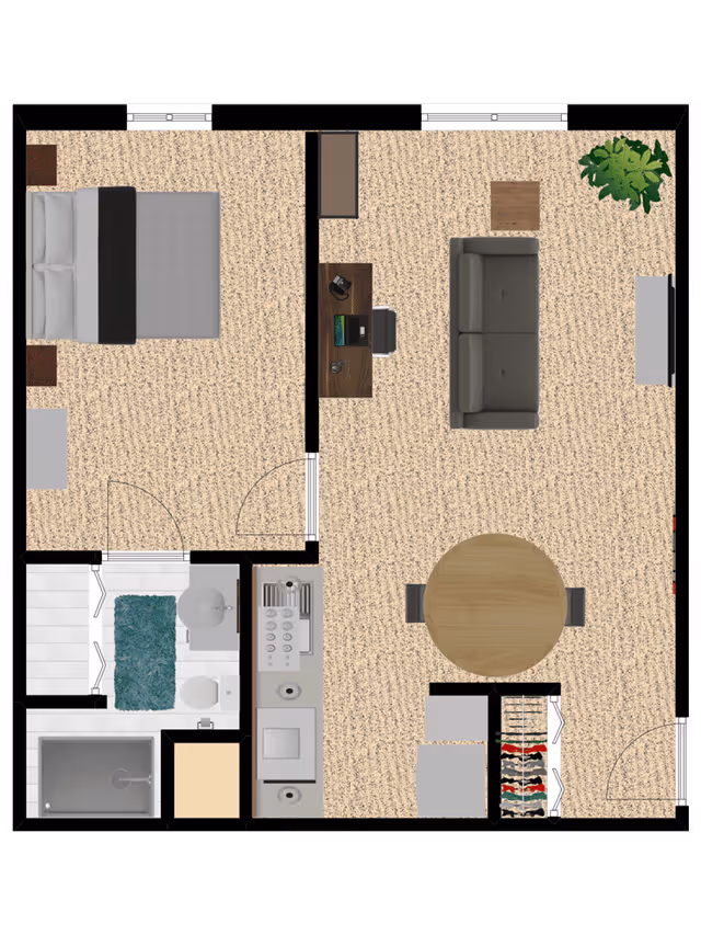 Top-down floor plan of a small apartment unit showing a bedroom with a bed and nightstands, a bathroom with a shower, toilet, and sink, a kitchen area with appliances, and a living room with a sofa, coffee table, round dining table with chairs, desk with a laptop, and a plant in the corner.