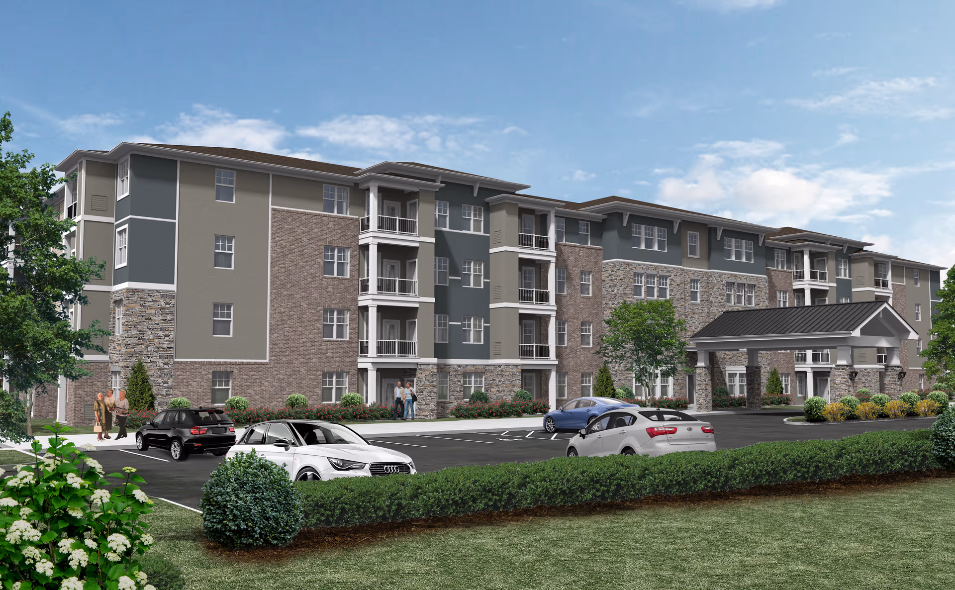 Exterior view of a modern four-story senior living apartment building with a mix of brick, stone, and siding. The building features balconies and a covered entrance. Several cars are parked in the parking lot in front, and a few people are walking near the entrance. The sky is partly cloudy.