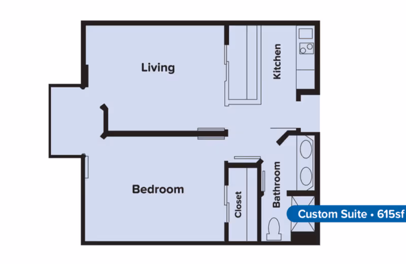 Floor plan diagram of a custom 615 sq ft suite showing a living room, bedroom, kitchen, bathroom, and closet.