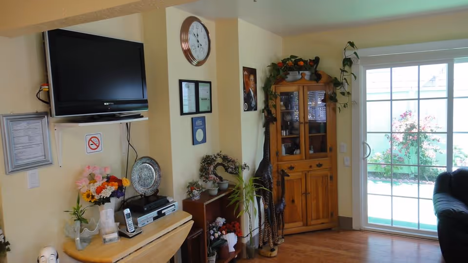 Living room area with a wall-mounted TV, wooden cabinet, sliding glass door to a garden, and decorative plants and flowers.