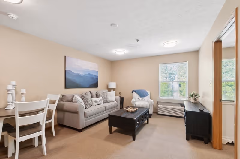 A cozy living room with beige walls and carpet, featuring a gray sofa with decorative pillows, a white armchair with a blue throw blanket, a dark wooden coffee table, a small dining table with white chairs, a window with a view of greenery outside, and a black sideboard with a small plant on top.