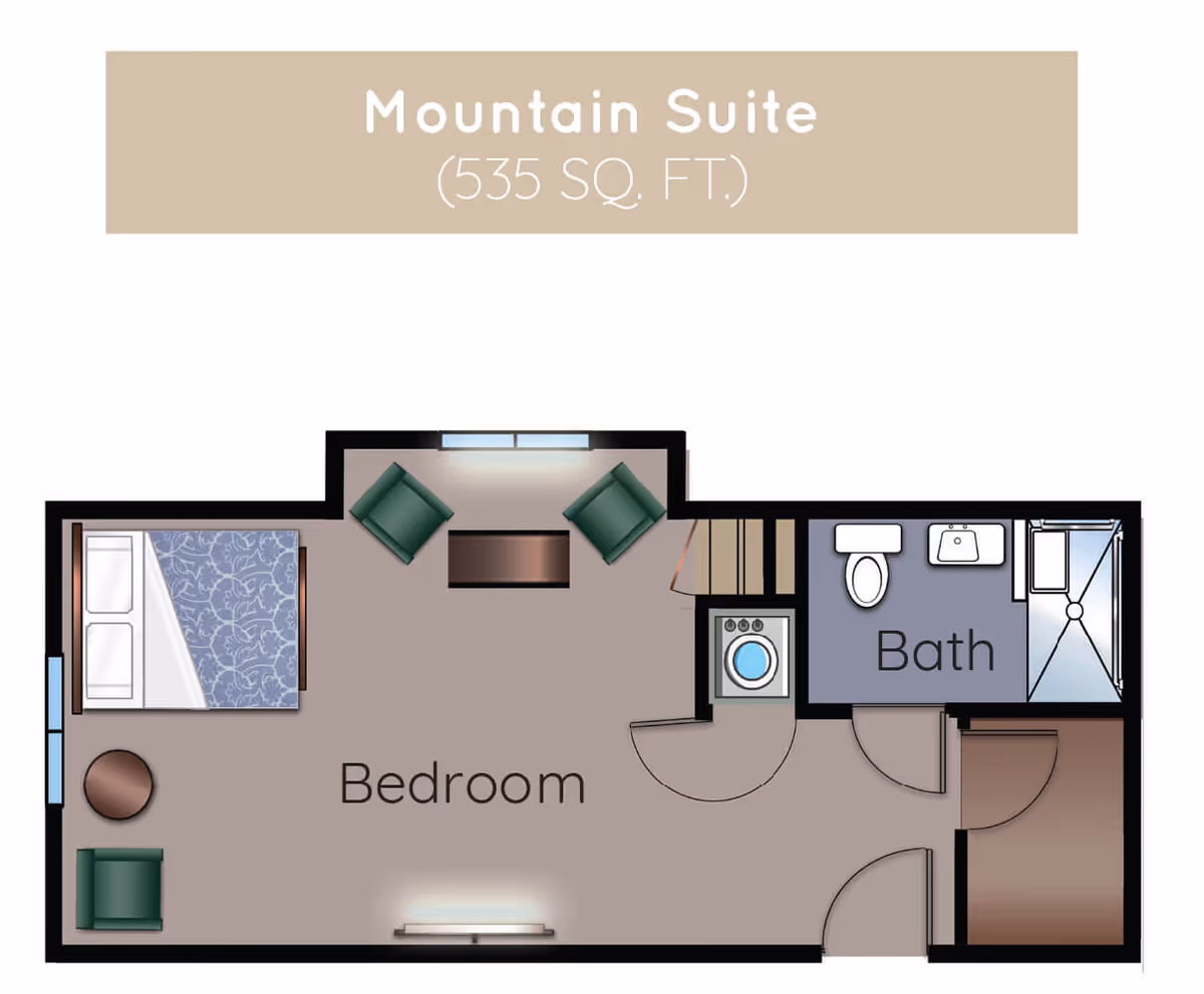 Floor plan of the Mountain Suite at Villagio at Broomfield, showing a 335 square feet layout with a bedroom area containing a bed, chairs, and a table, and a separate bathroom with a toilet, sink, and shower.