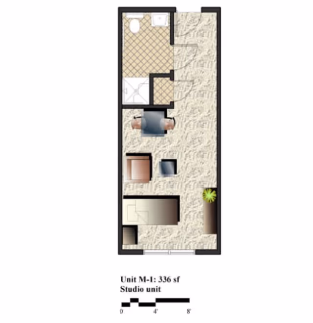 Floor plan of a studio unit labeled Unit M-1 with 336 square feet, showing a combined living and sleeping area with furniture, a bathroom with a toilet and shower, and a small entry area.