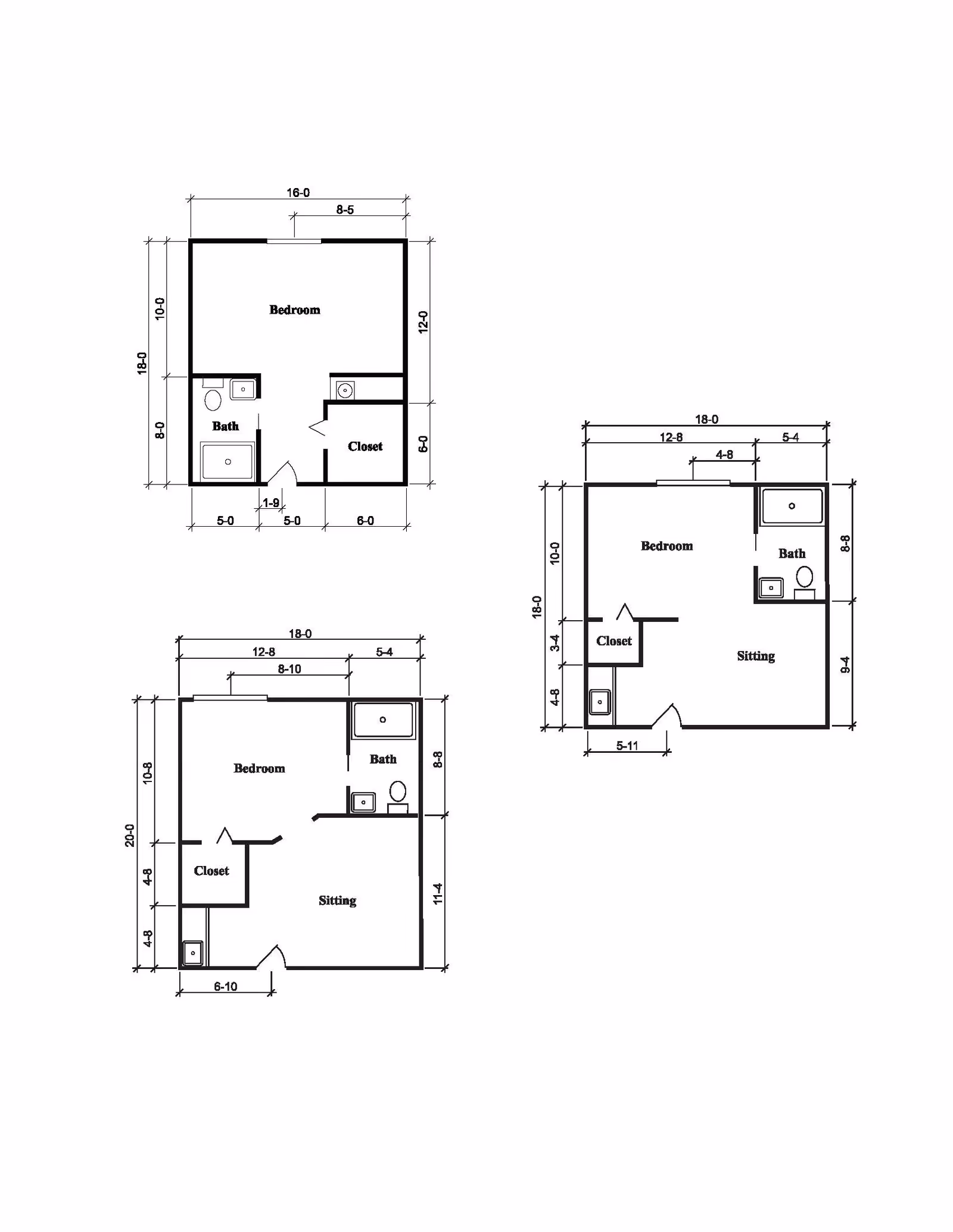 Architectural floor plans showing three different layouts of bedrooms with attached bathrooms, closets, and sitting areas. Each plan includes measurements for room dimensions and placement of fixtures.