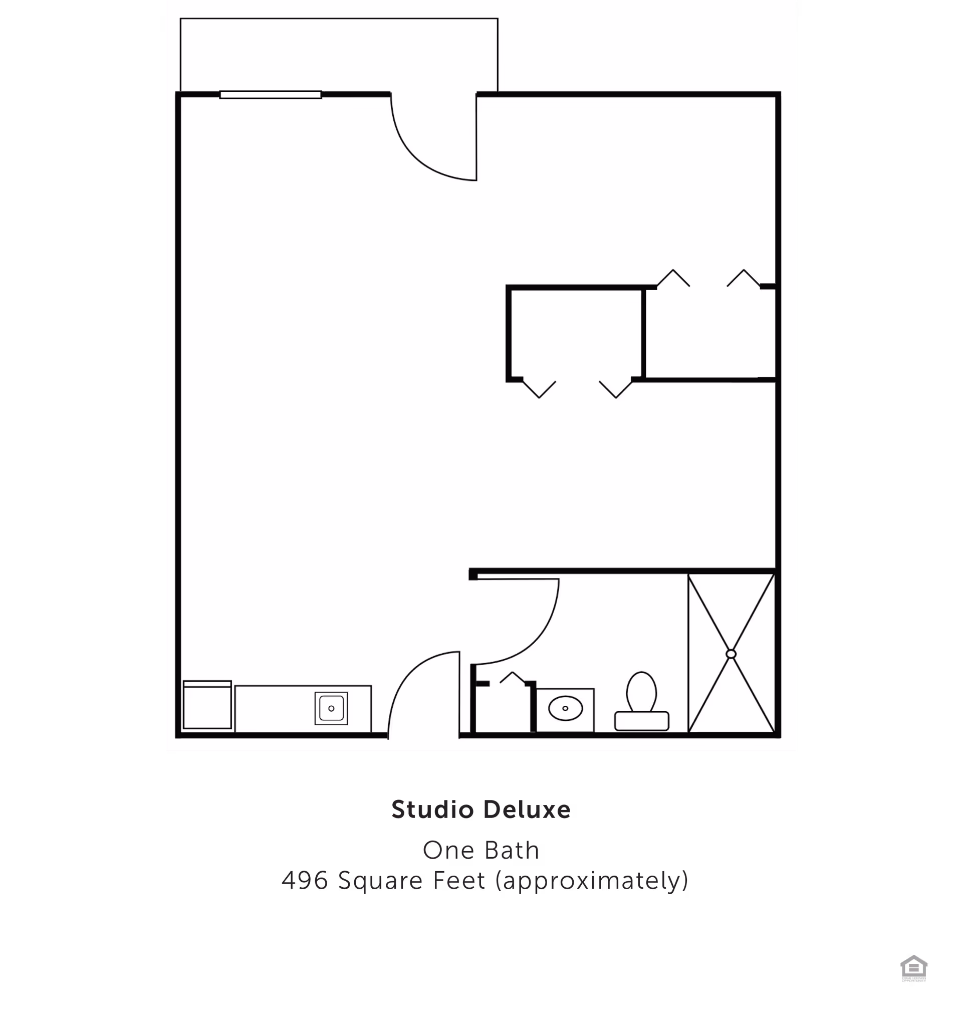 Floor plan of a Studio Deluxe apartment with one bathroom, approximately 496 square feet. The layout shows an entry door leading into a main living area with a kitchenette on the left side. The bathroom is located on the right side, featuring a toilet, sink, and shower. There are two closets adjacent to the bathroom.