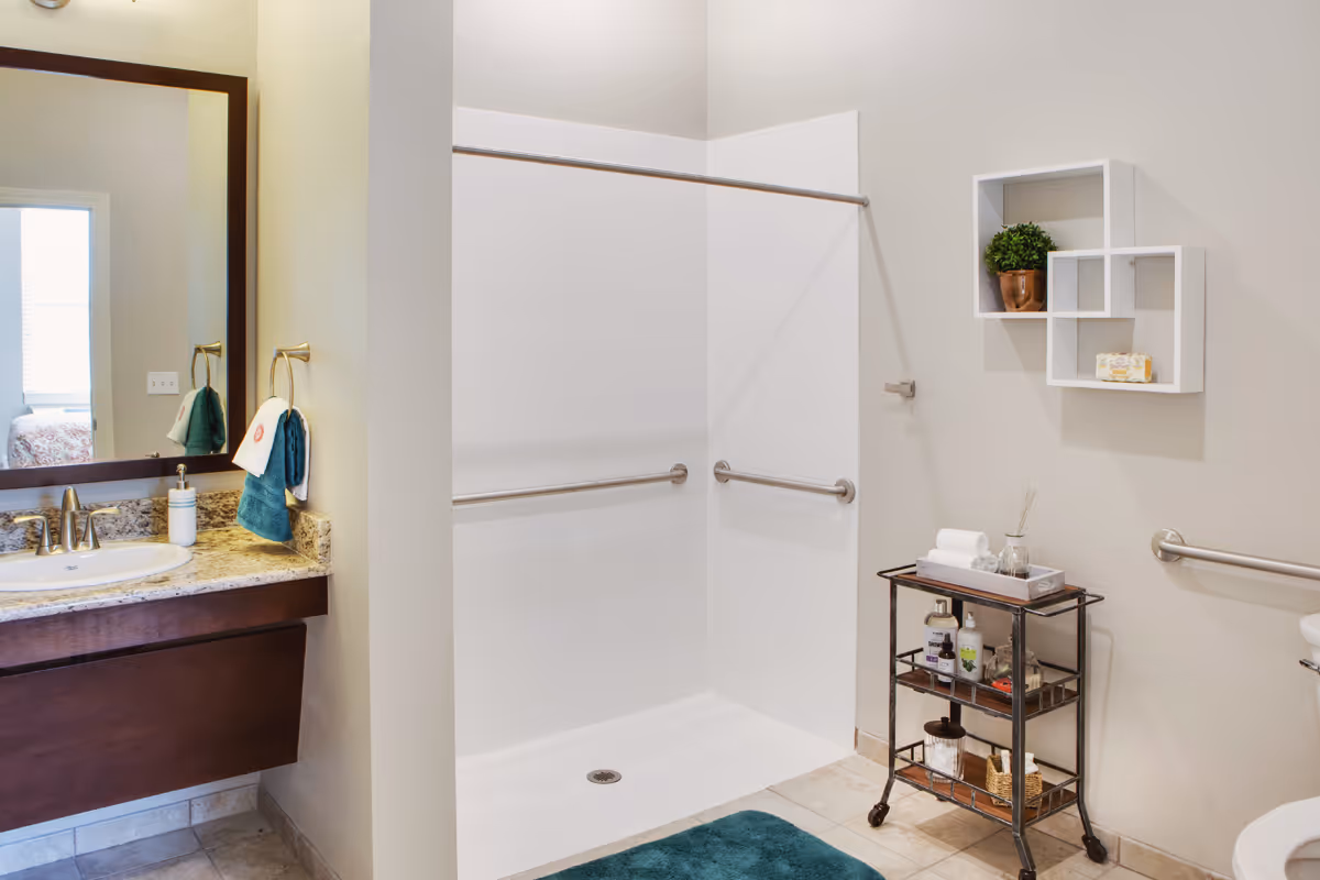 A clean and modern bathroom featuring a walk-in shower with grab bars, a granite countertop with a sink and faucet, a large mirror, a towel ring with two towels, a small rolling cart with toiletries and towels, a decorative wall shelf with a small plant and soap, and a toilet partially visible on the right.