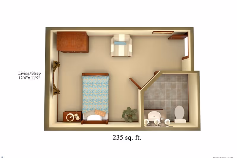 Top-down floor plan of a 235 square foot assisted living unit at Adante assisted living, showing a combined living and sleeping area with a bed, armchair, dresser, nightstand, and a small bathroom with a sink and toilet.