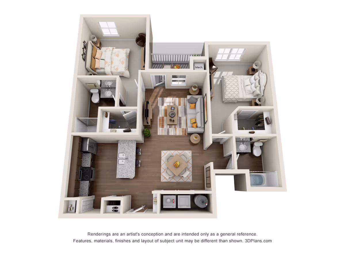 3D floor plan of a two-bedroom apartment with two bathrooms, a kitchen with an island and bar stools, a dining area with a table and four chairs, a living room with a sofa, coffee table, and TV, and a balcony. The bedrooms each have a bed, nightstands, and closets. One bathroom has a shower, the other has a bathtub. There is also a laundry area with a washer and dryer.