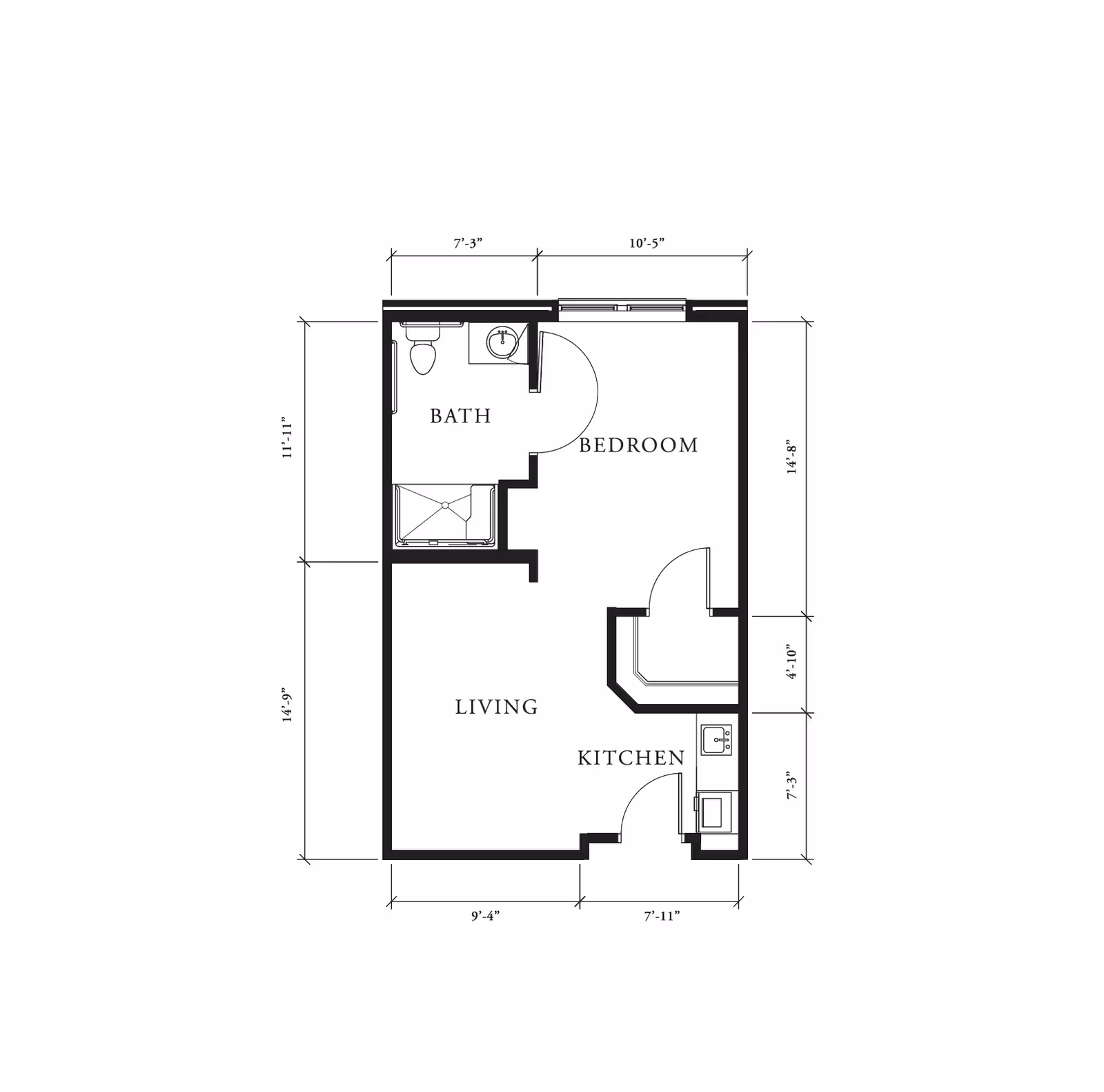 Architectural floor plan of a small apartment unit showing a bedroom, bath, living area, and kitchen with dimensions labeled.