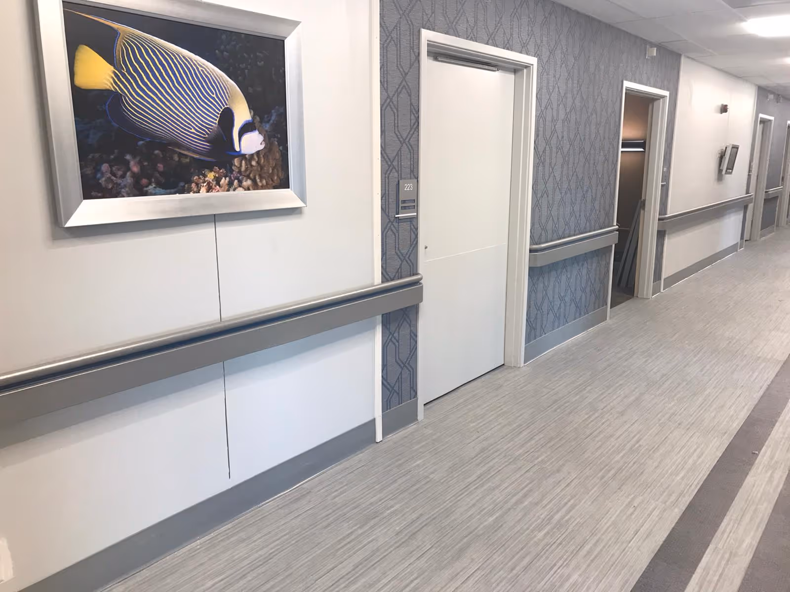 A clean, well-lit hallway in a senior living facility with light gray flooring and walls. The hallway features several white doors, handrails along the walls, and a framed picture of a colorful fish on the left wall.